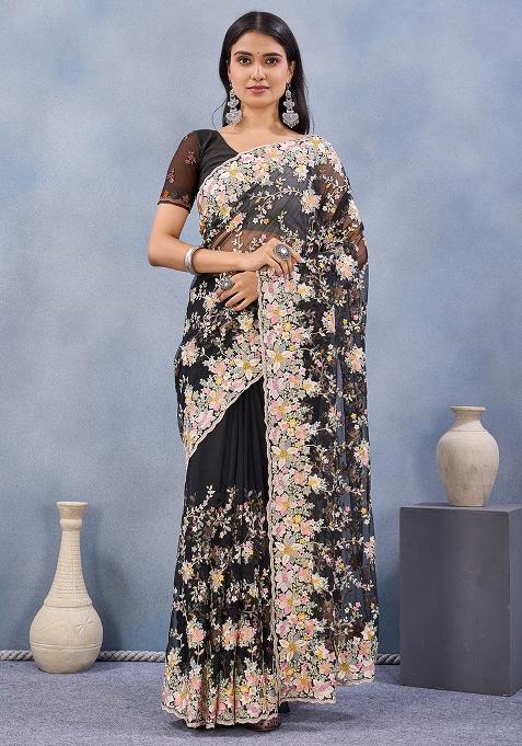 Black Zircan Work Net Saree Set