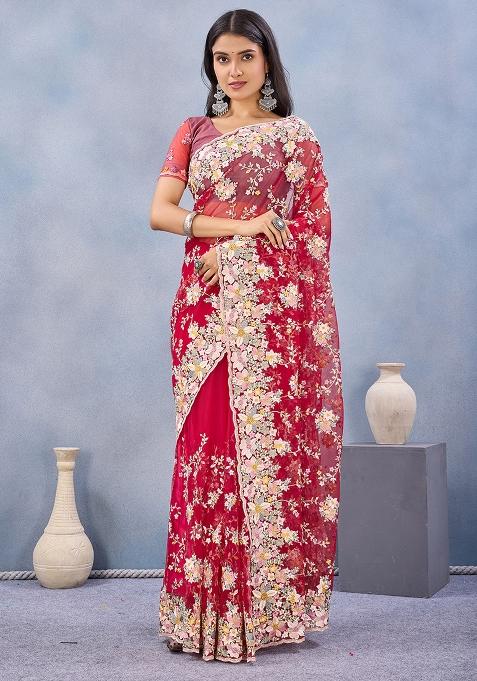 Red Zircan Work Net Saree Set