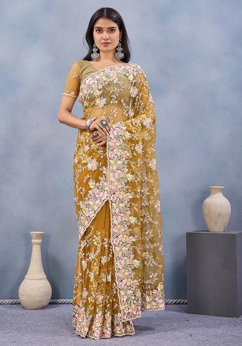 Mustard Zircan Work Net Saree Set
