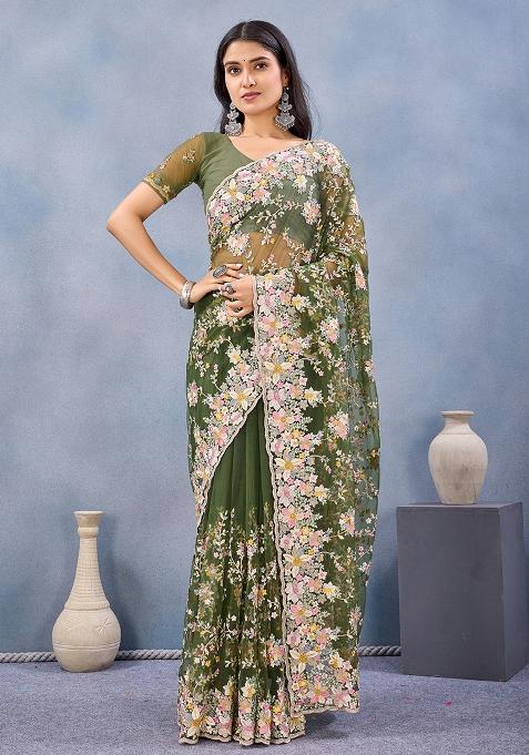 Mehendi Zircan Work Net Saree Set