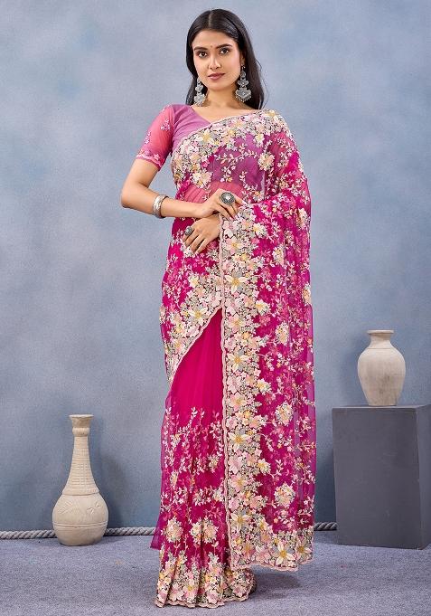 Rani Pink Zircan Work Net Saree Set