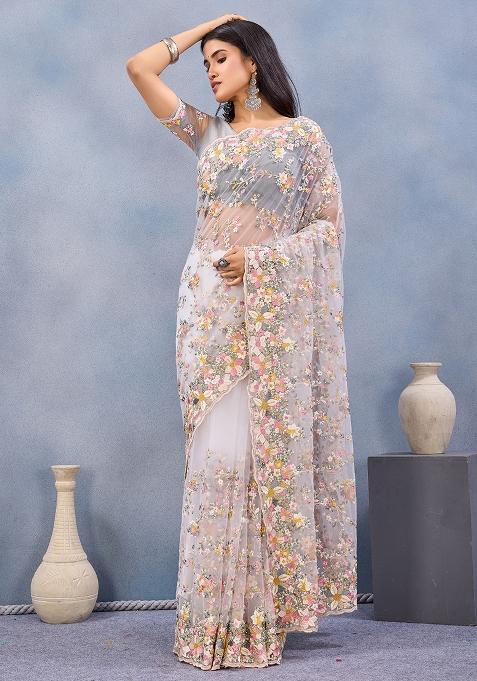White Zircan Work Net Saree Set
