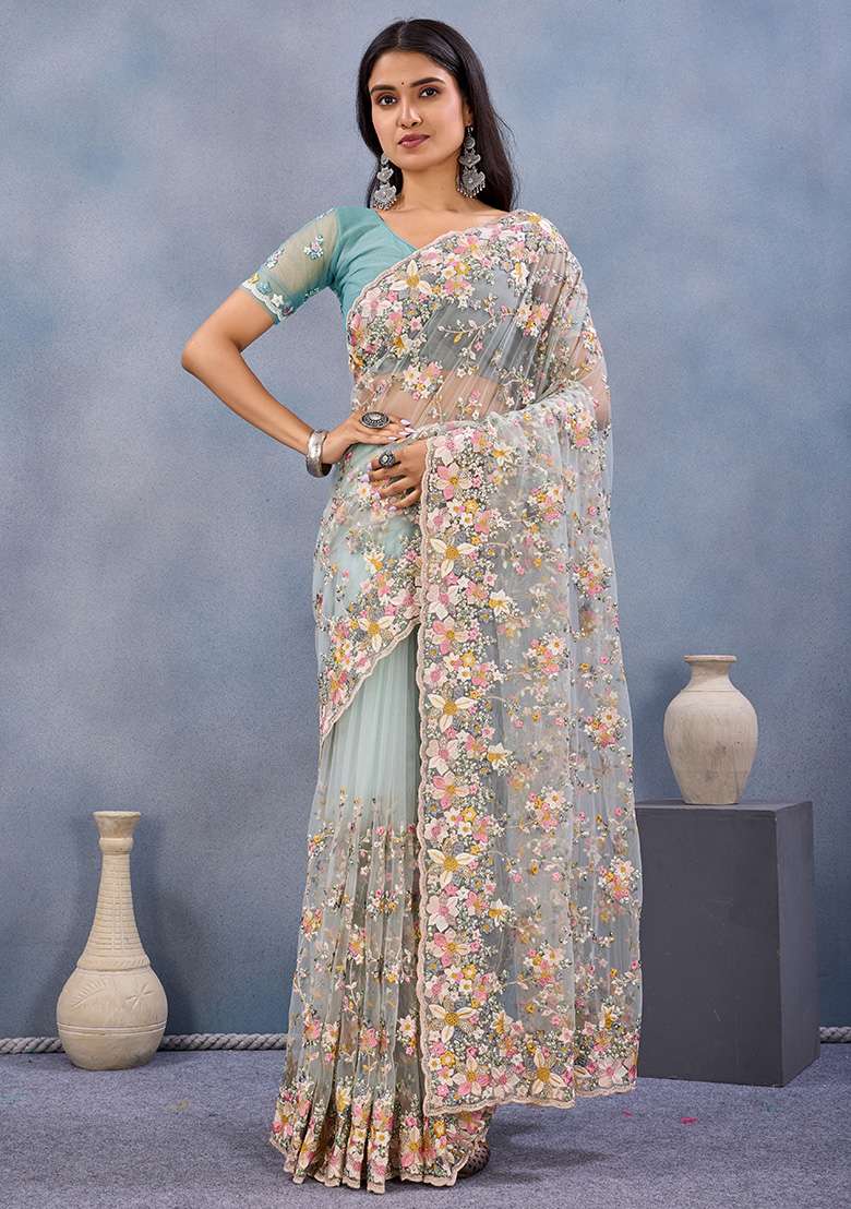 Sea Green Zircan Work Net Saree Set - Indya
