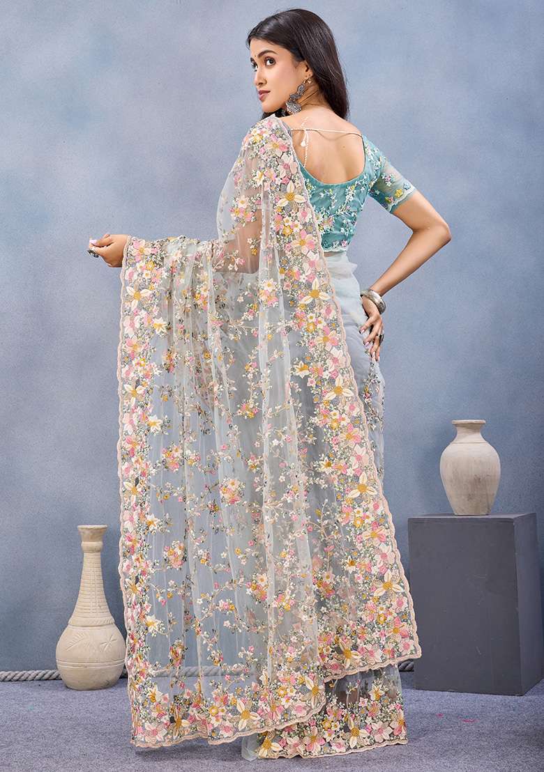 Sea Green Zircan Work Net Saree Set - Indya