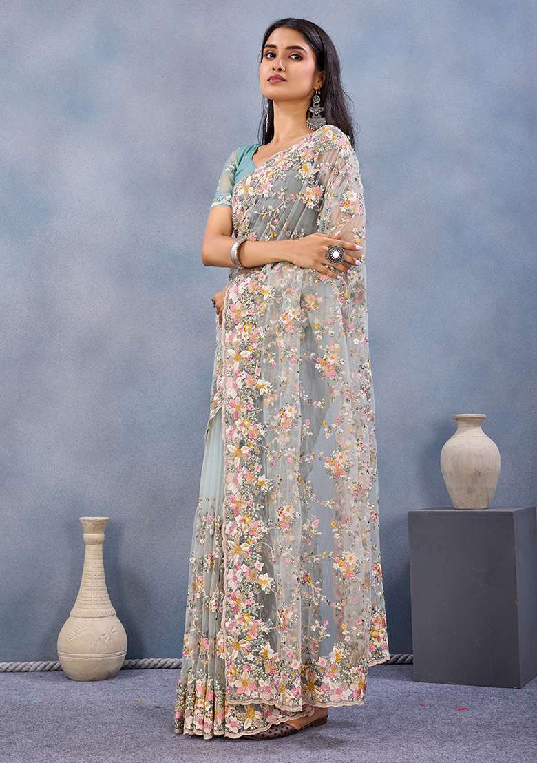 Sea Green Zircan Work Net Saree Set - Indya