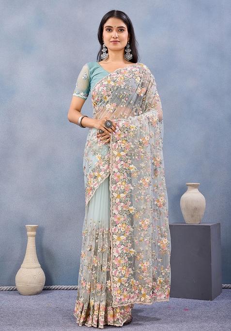 Sea Green Zircan Work Net Saree Set