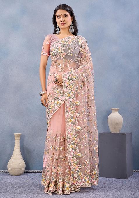 Peach Zircan Work Net Saree Set