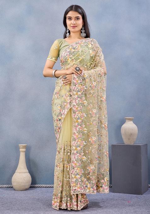 Lemon Yellow Zircan Work Net Saree Set