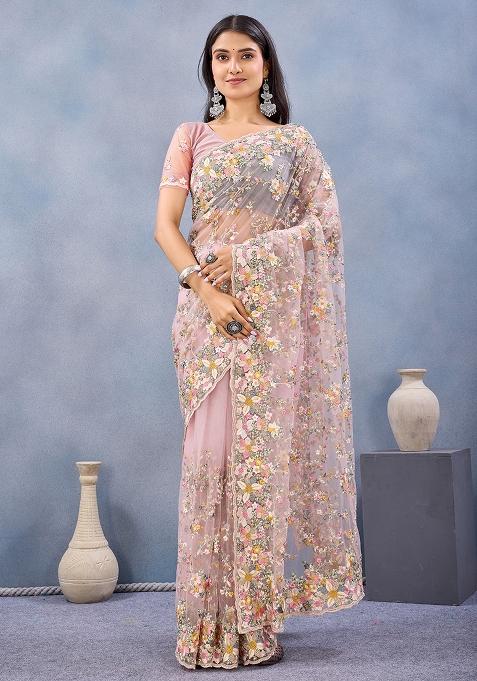 Dusty Pink Zircan Work Net Saree Set