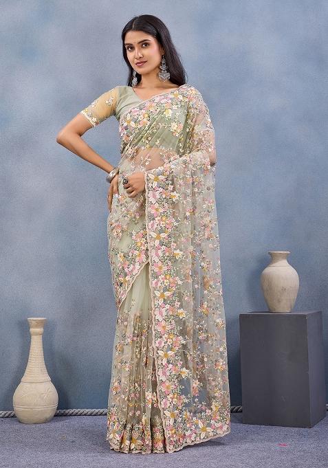 Pista Zircan Work Net Saree Set
