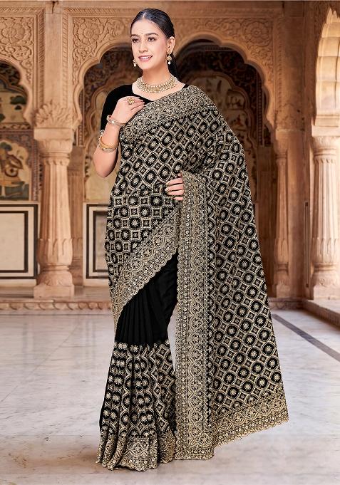 Black Zircan Work Georgette Saree Set