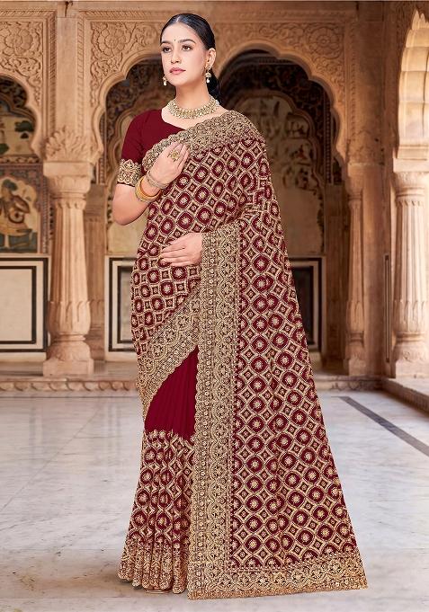Maroon Zircan Work Georgette Saree Set
