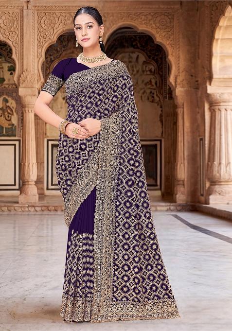 Purple Zircan Work Georgette Saree Set