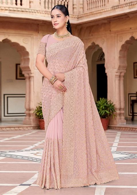Peach Zircan Work Georgette Saree Set