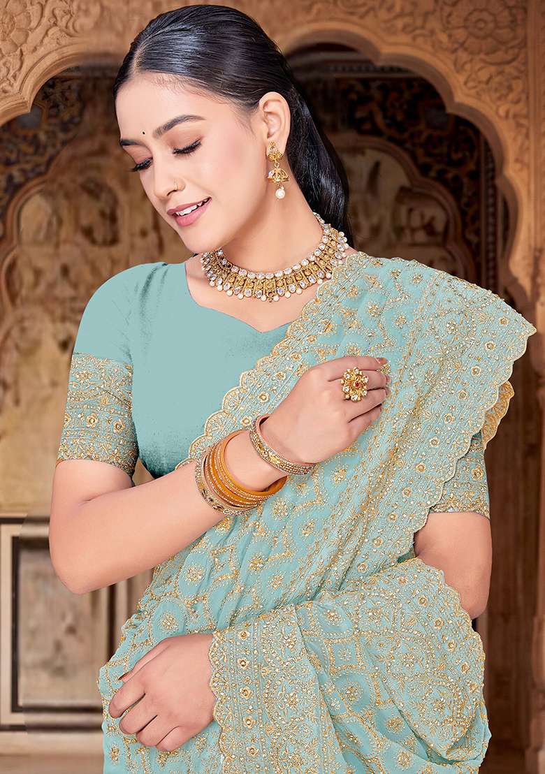 Sea Green Zircan Work Georgette Saree Set - Indya