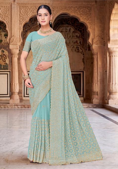 Sea Green Zircan Work Georgette Saree Set