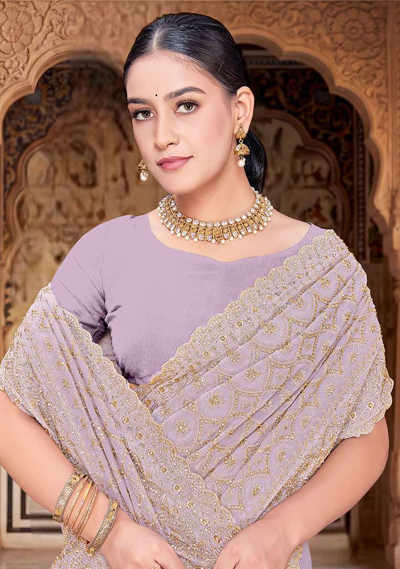 Lavender Zircan Work Georgette Saree Set - Indya