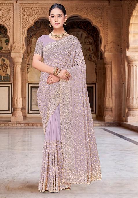 Lavender Zircan Work Georgette Saree Set