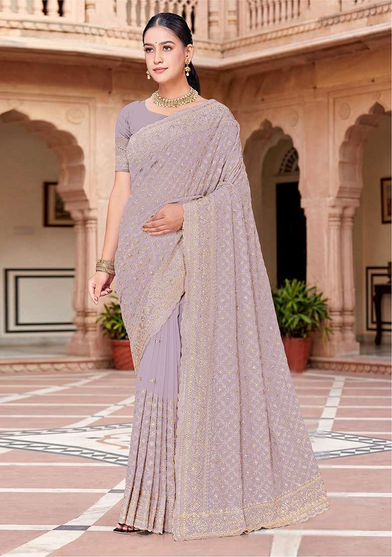 Lavender Zircan Work Georgette Saree Set for Diwali | Wedding & Festive Wear - Indya