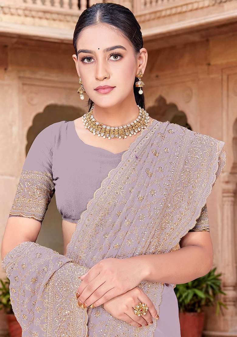 Lavender Zircan Work Georgette Saree Set for Diwali | Wedding & Festive Wear - Indya
