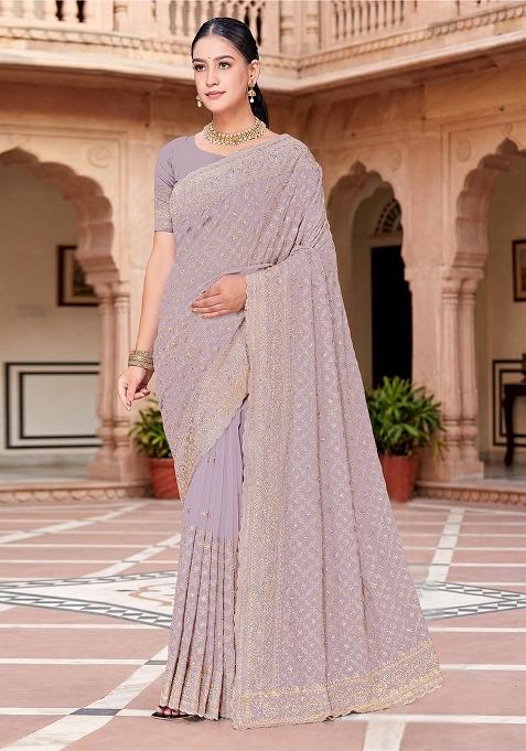 Lavender Zircan Work Georgette Saree Set