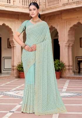Sea Green Zircan Work Georgette Saree Set for Diwali and Festive Wear