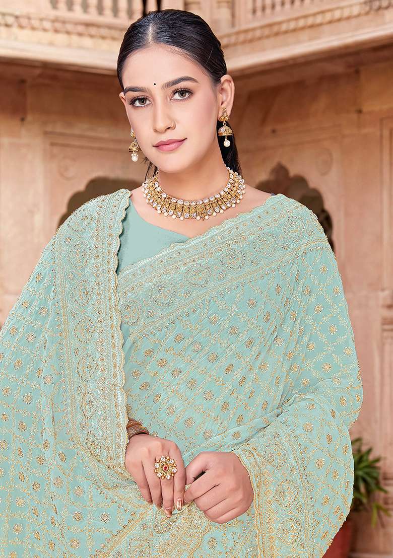 Sea Green Zircan Work Georgette Saree Set for Diwali and Festive Wear - Indya