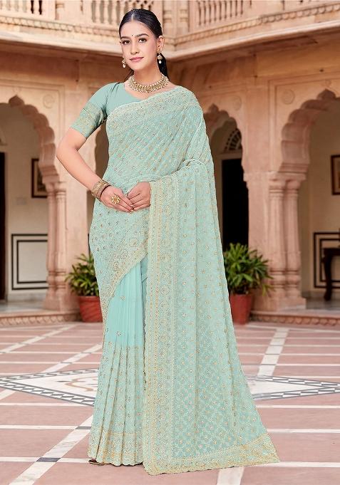 Sea Green Zircan Work Georgette Saree Set