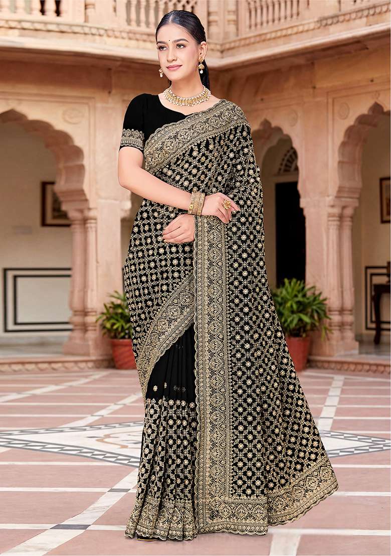 Black Zircan Work Georgette Saree Set for Diwali | Wedding & Festive Wear - Indya