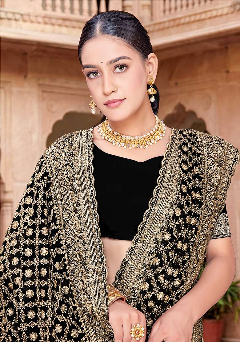 Black Zircan Work Georgette Saree Set for Diwali | Wedding & Festive Wear - Indya