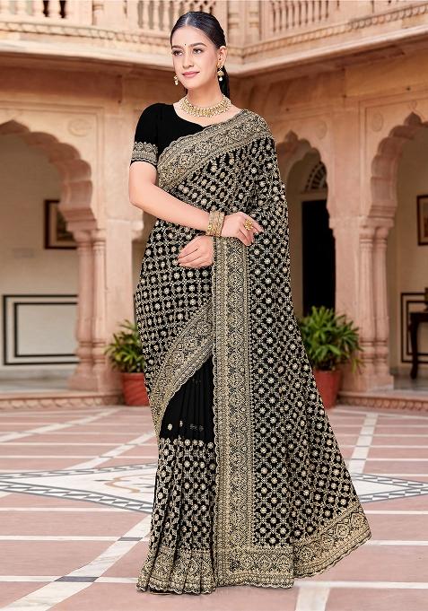 Black Zircan Work Georgette Saree Set