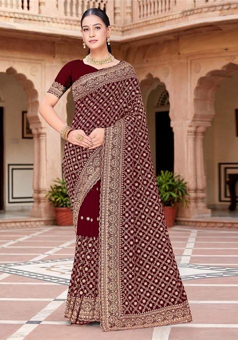 Maroon Zircan Work Georgette Saree Set