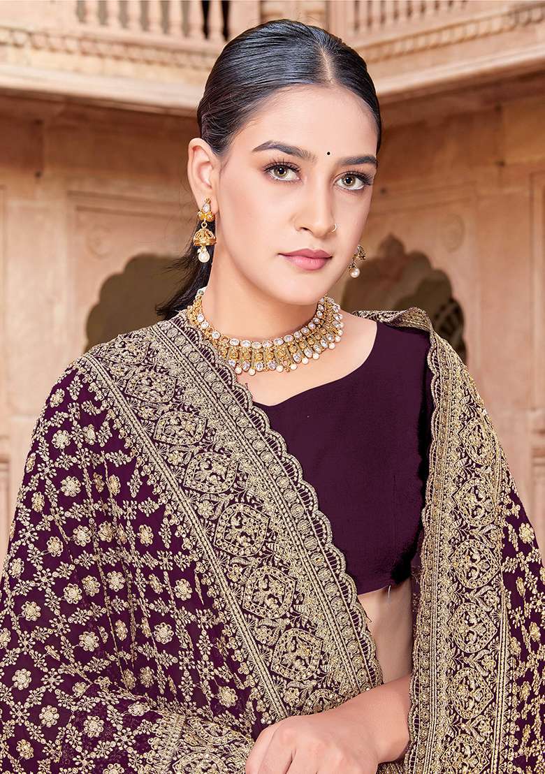 Purple Zircan Work Georgette Saree Set for Diwali and Festive Wear - Indya
