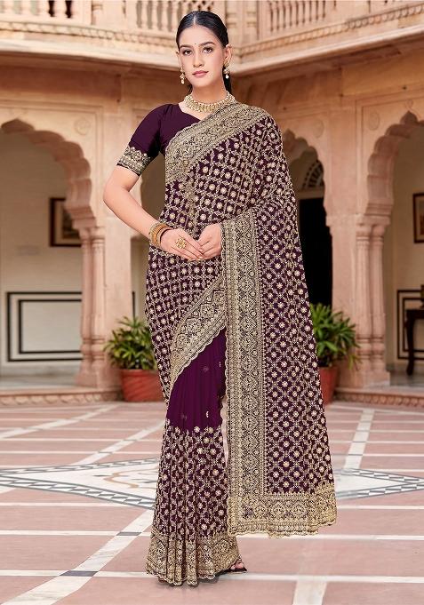 Purple Zircan Work Georgette Saree Set