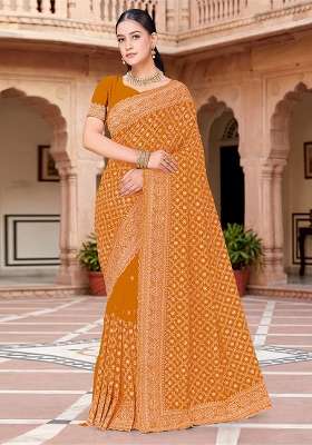 Mustard Zircan Work Georgette Saree Set for Diwali | Wedding & Festive Wear