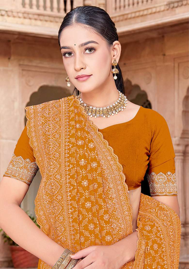 Mustard Zircan Work Georgette Saree Set for Diwali | Wedding & Festive Wear - Indya