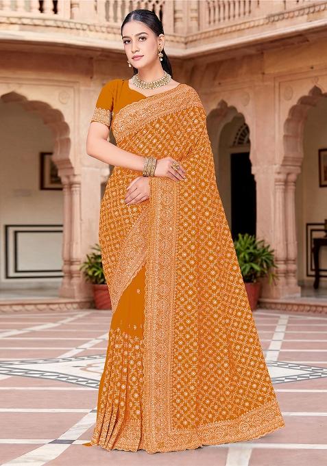 Mustard Zircan Work Georgette Saree Set