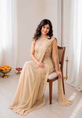 Off White Embroidery Georgette Saree Set
