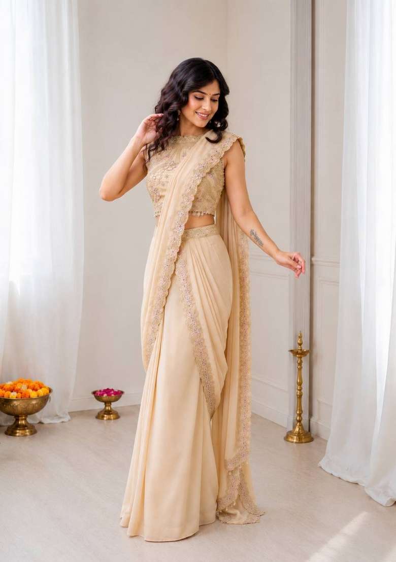 Off White Embroidery Georgette Saree Set - Indya