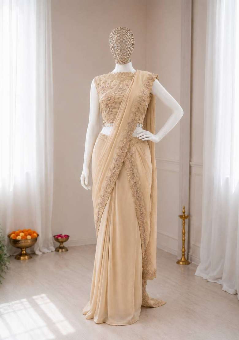 Off White Embroidery Georgette Saree Set - Indya