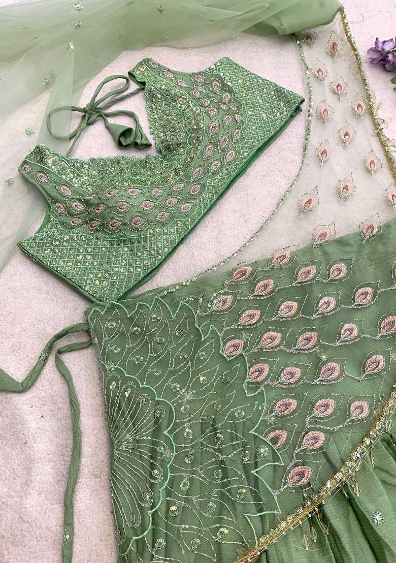 Pista Embroidery Silk Saree Set - Indya
