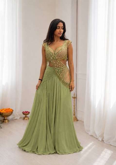 Pista Embroidery Silk Saree Set