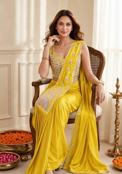 Yellow Embroidery Silk Saree Set