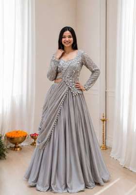 Grey Embroidery Silk Saree Set