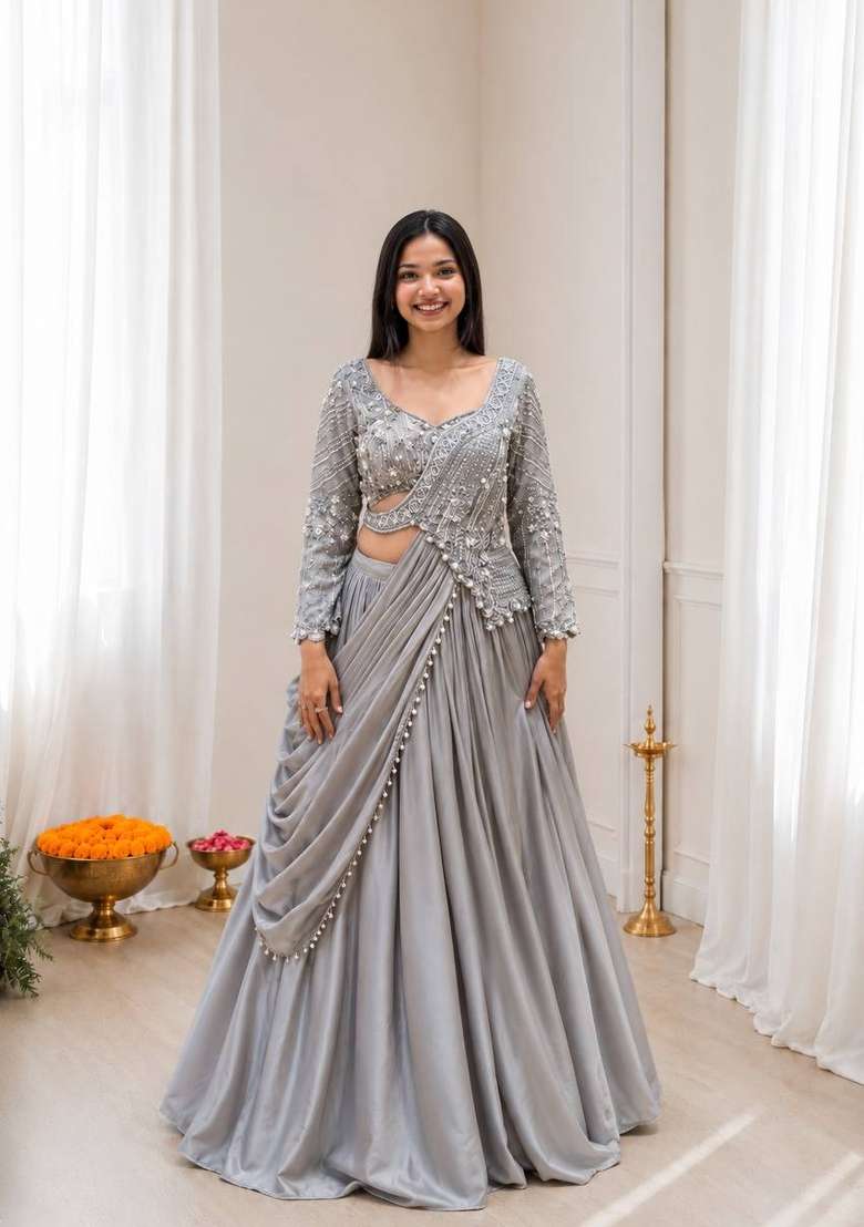 Grey Embroidery Silk Saree Set - Indya