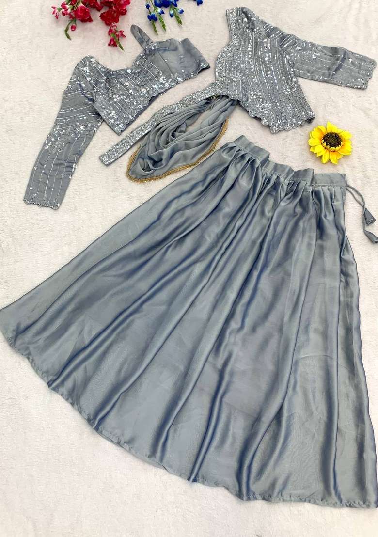 Grey Embroidery Silk Saree Set - Indya