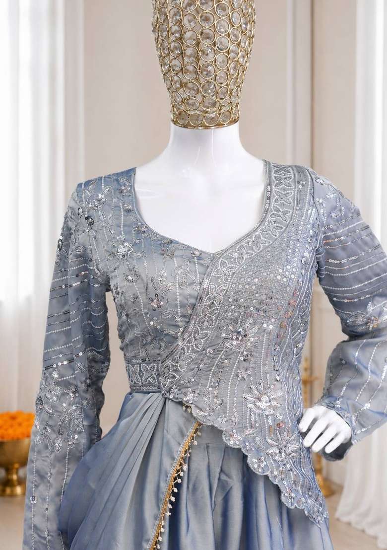 Grey Embroidery Silk Saree Set - Indya