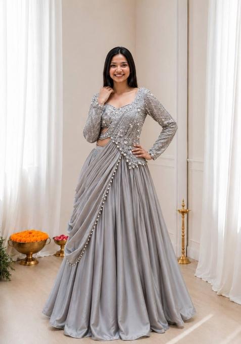 Grey Embroidery Silk Saree Set
