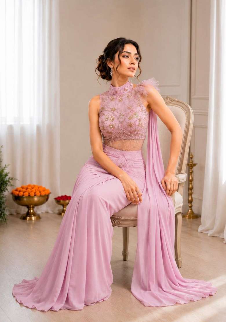 Pink Embroidery Silk Saree Set - Indya