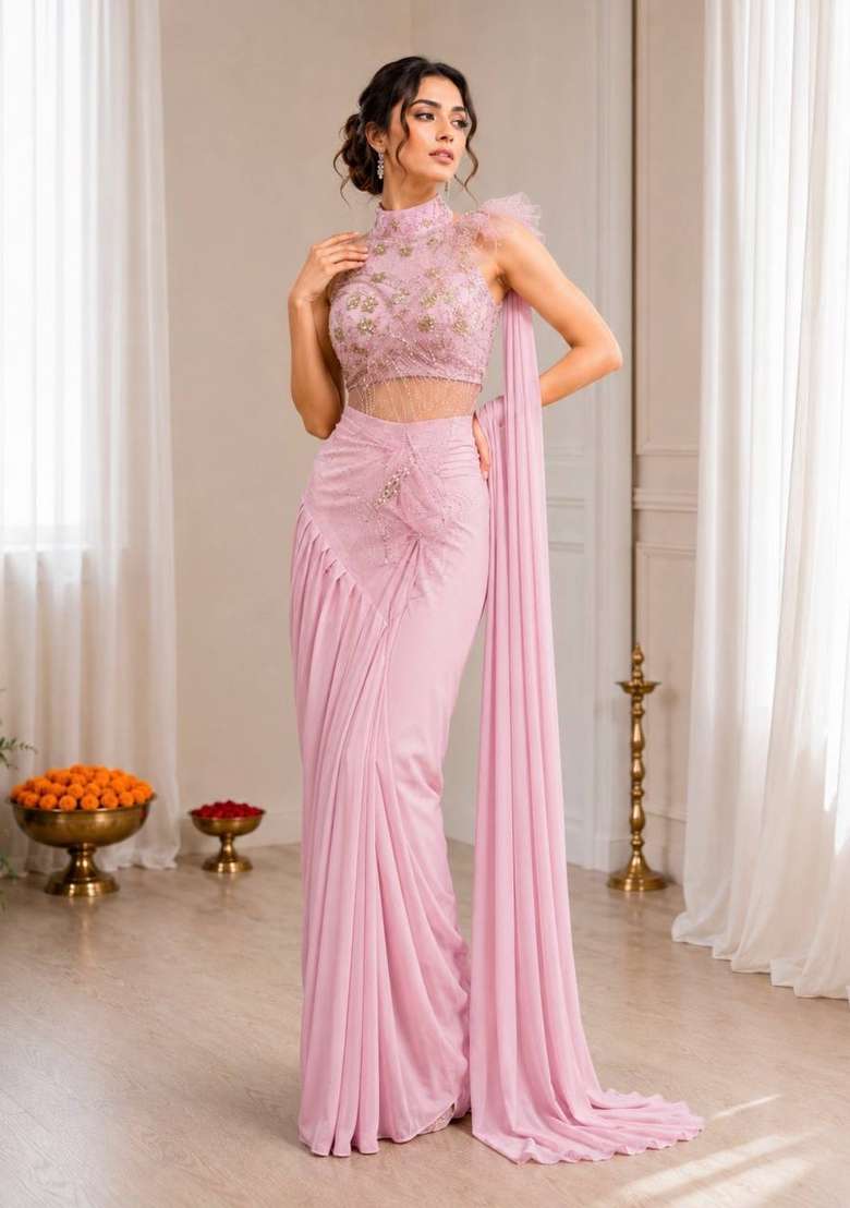 Pink Embroidery Silk Saree Set - Indya